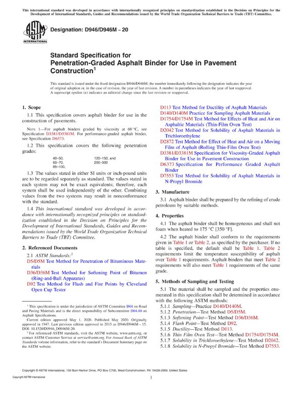 ASTM D946 D946M-20 路面施工用渗透分级沥青水泥的标准规范