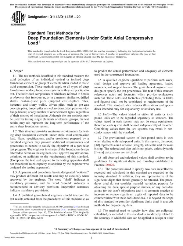 ASTM D1143 D1143M-20 静态轴向压力载荷下深地基的标准试验方法