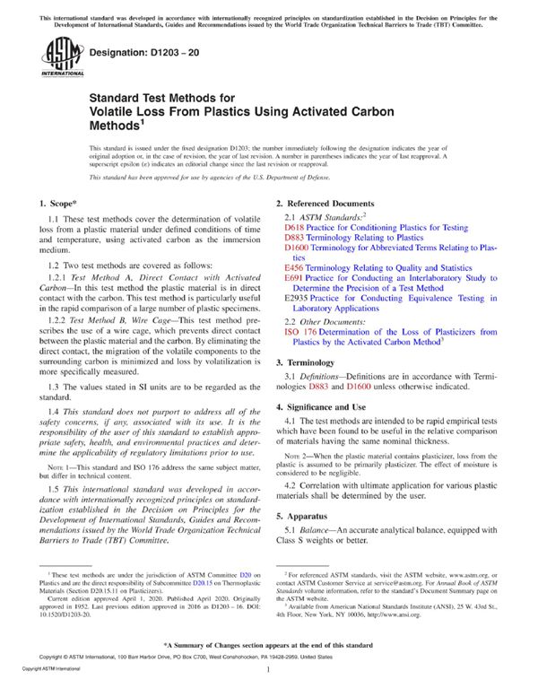 ASTM D1203-20 用活性碳法测定塑料的挥发损失的标准试验方法