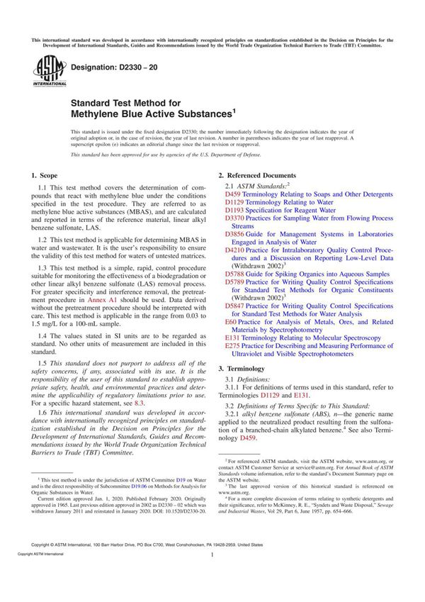 ASTM D2330-20 Standard Test Method for Methylene Blue Active Substances