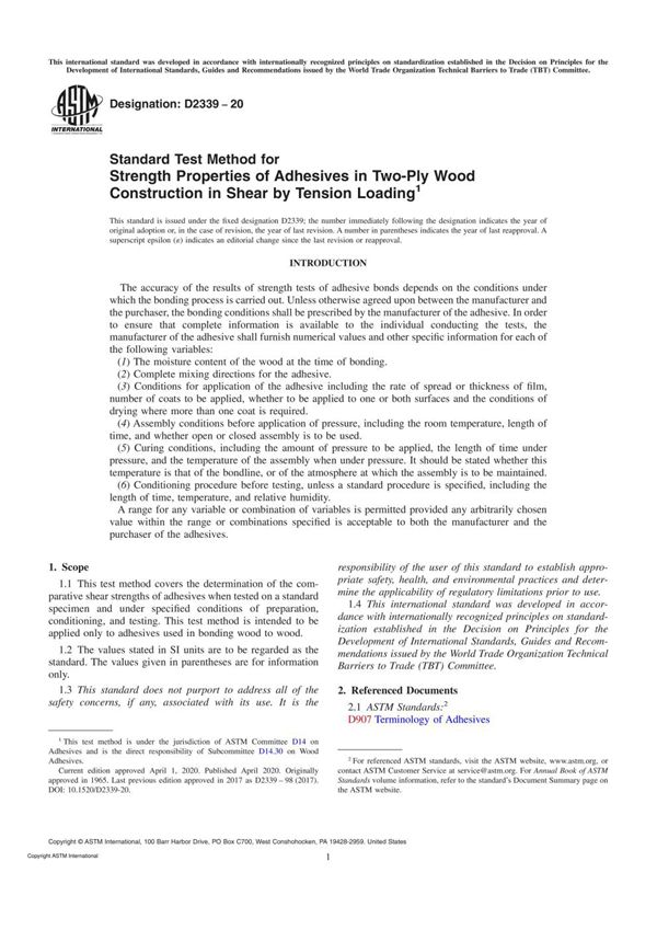 ASTM D2339-20 Standard Test Method for Strength Properties of Adhesives in Two-Ply Wood Constructi