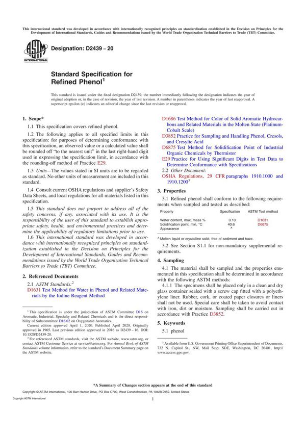 ASTM D2439-20 Standard Specification for Refined Phenol
