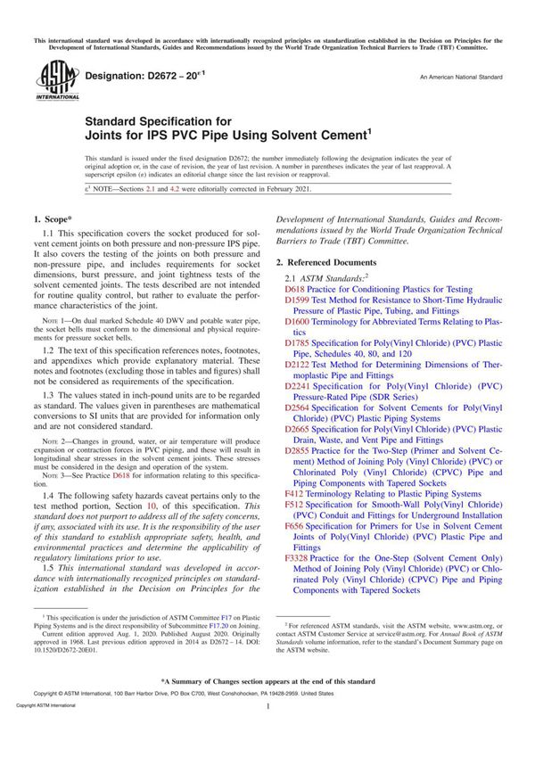 ASTM D2672-20e1 Standard Specification for Joints for IPS PVC Pipe Using Solvent Cement