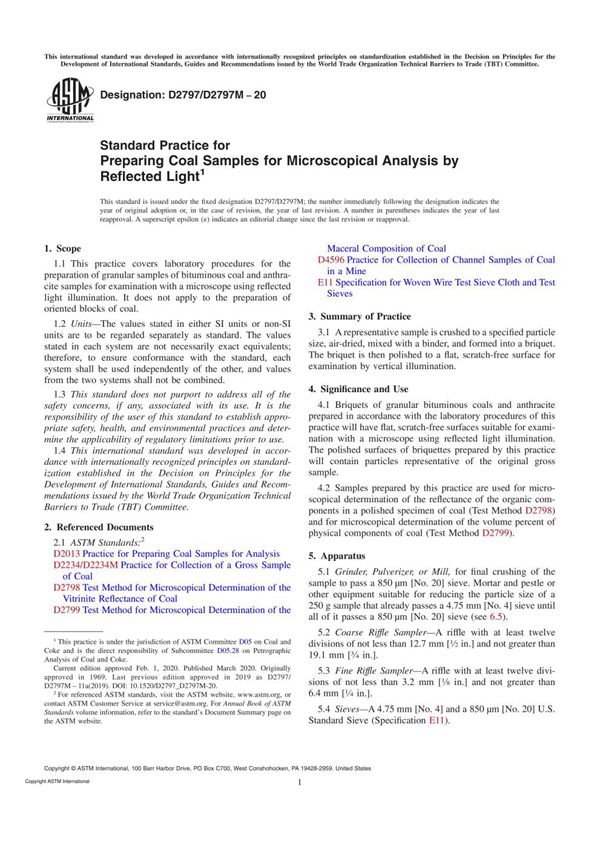 ASTM D2797 D2797M-20 Standard Practice for Preparing Coal Samples for Microscopical Analysis by Re