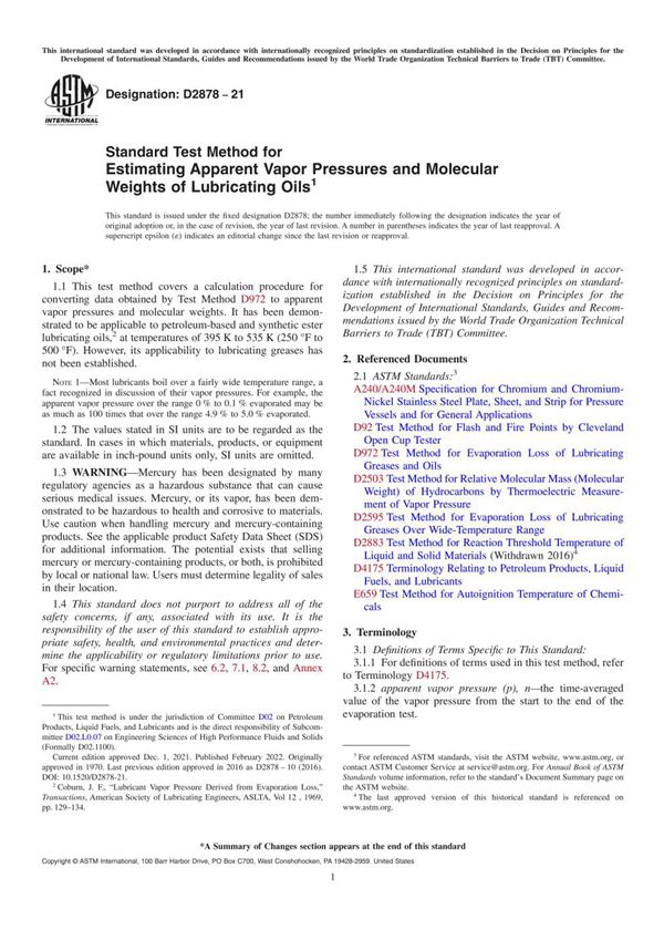 ASTM D2878-21 估计润滑油表观蒸汽压和分子量的标准试验方法