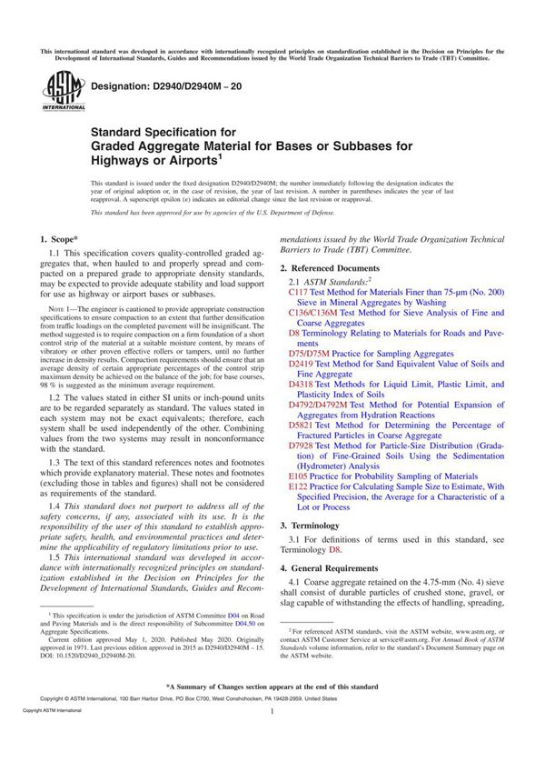 ASTM D2940 D2940M-20 Standard Specification for Graded Aggregate Material for Bases or Subbases fo