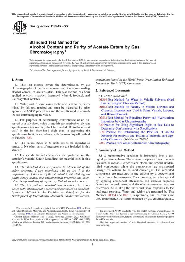 ASTM D3545-22 用气相色谱法测定醋酸酯的酒精含量和纯度的标准试验方法