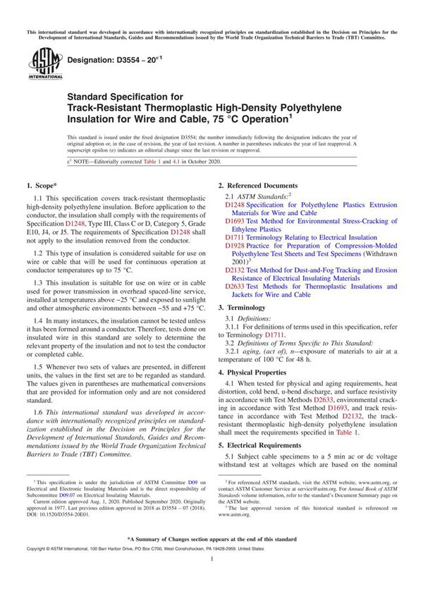 ASTM D3554-20e1 Standard Specification for Track-Resistant Thermoplastic High-Density Polyethylene