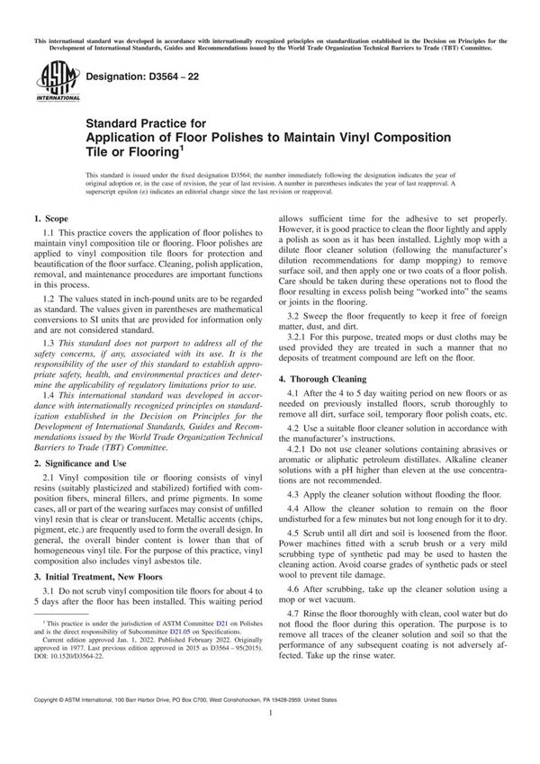 ASTM D3564-22 维护乙烯基合成砖或地板用地板抛光剂的应用标准实施规程