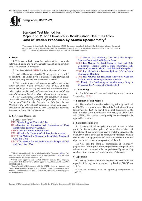ASTM D3682-21 原子光谱法测定煤炭利用过程中燃烧残渣中主要和次要元素的标准试验方法