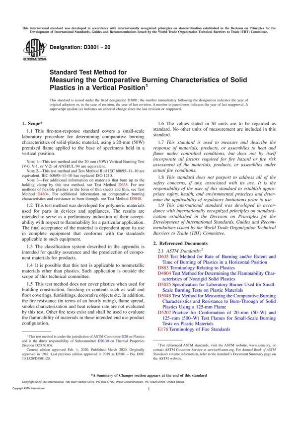 ASTM D3801-20 Standard Test Method for Measuring the Comparative Burning Characteristics of Solid
