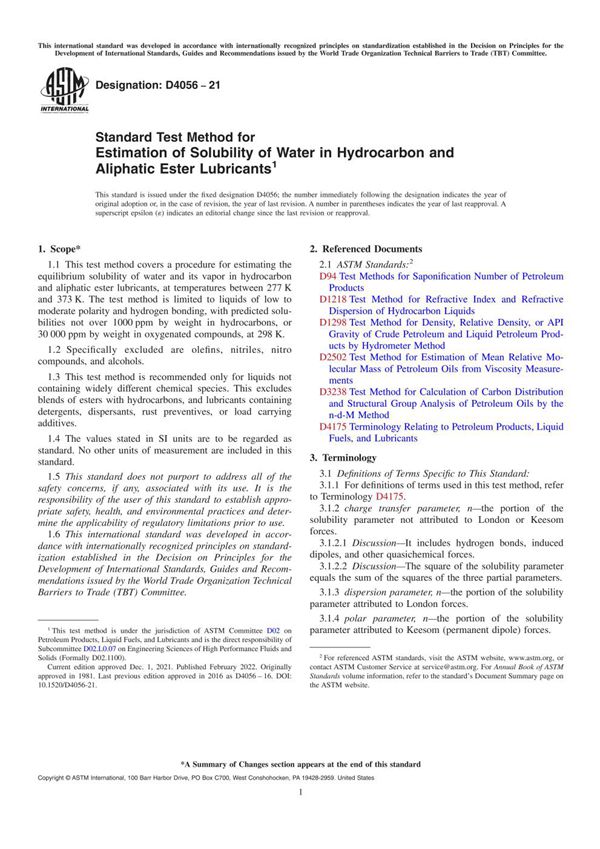 ASTM D4056-21 碳氢化合物和脂肪族酯润滑剂中水溶解度估计的标准试验方法