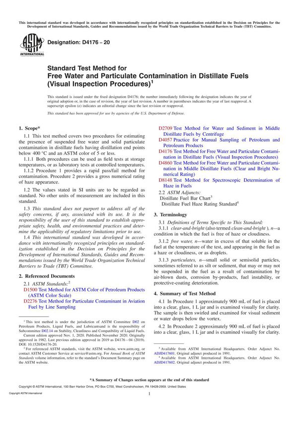 ASTM D4176-20 Standard Test Method for Free Water and Particulate Contamination in Distillate Fuel