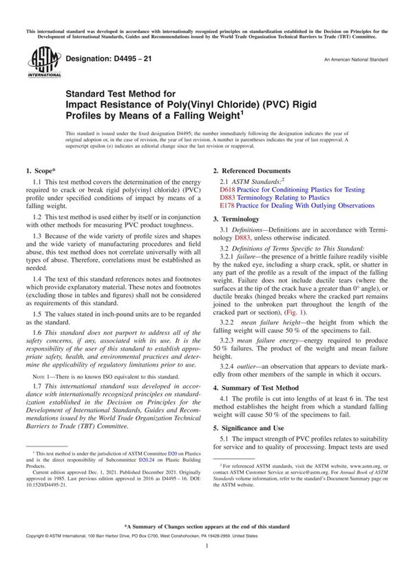 ASTM D4495-21 用落锤法测定聚氯乙烯(PVC)刚性型材抗冲击性的标准试验方法