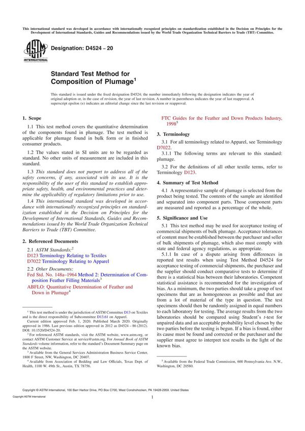 ASTM D4524-20 Standard Test Method for Composition of Plumage
