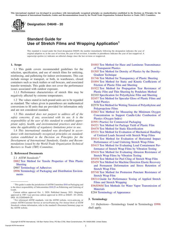 ASTM D4649-20 Standard Guide for Use of Stretch Films and Wrapping Application