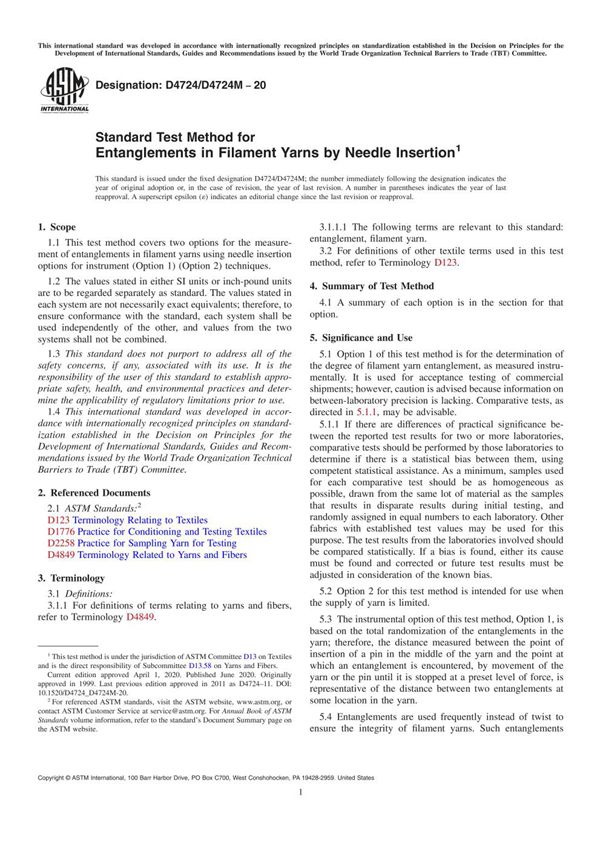 ASTM D4724 D4724M-20 Standard Test Method for Entanglements in Filament Yarns by Needle Insertion
