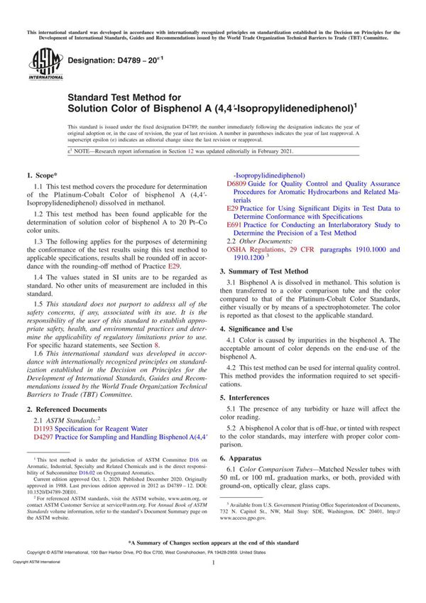 ASTM D4789-20e1 Standard Test Method for Solution Color of Bisphenol A (4,4′-Isopropylidenediphen