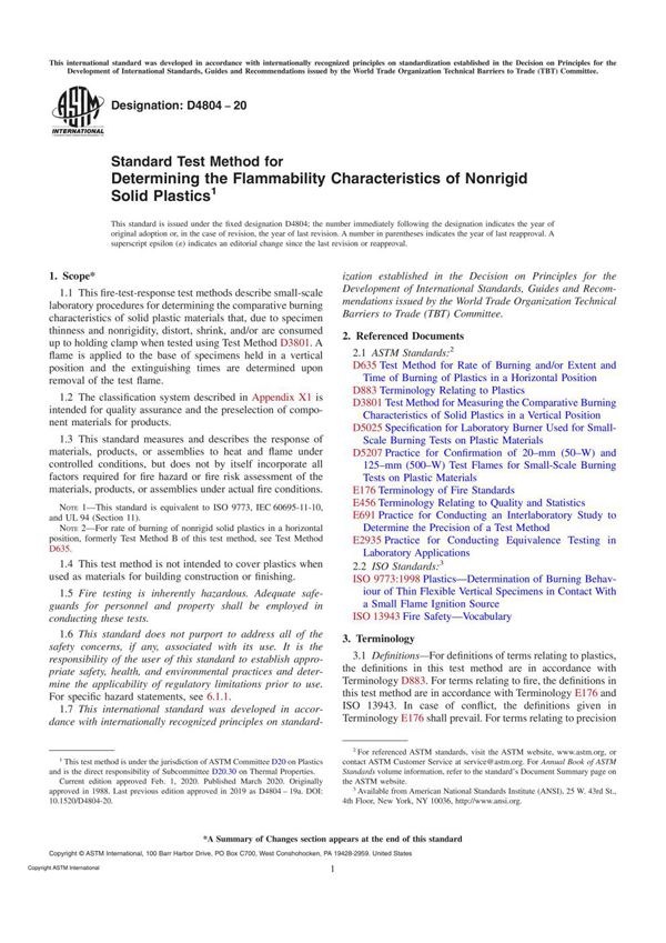 ASTM D4804-20 Standard Test Method for Determining the Flammability Characteristics of Nonrigid So