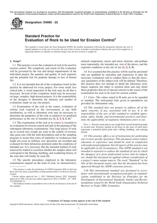 ASTM D4992-22 侵蚀控制用岩石评估的标准实施规程