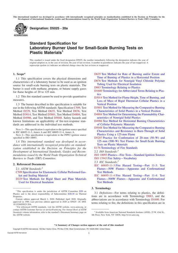 ASTM D5025-20a Standard Specification for Laboratory Burner Used for Small-Scale Burning Tests on