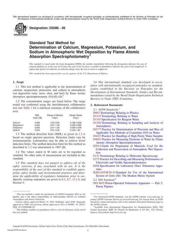 ASTM D5086-20 Standard Test Method for Determination of Calcium, Magnesium, Potassium, and Sodium