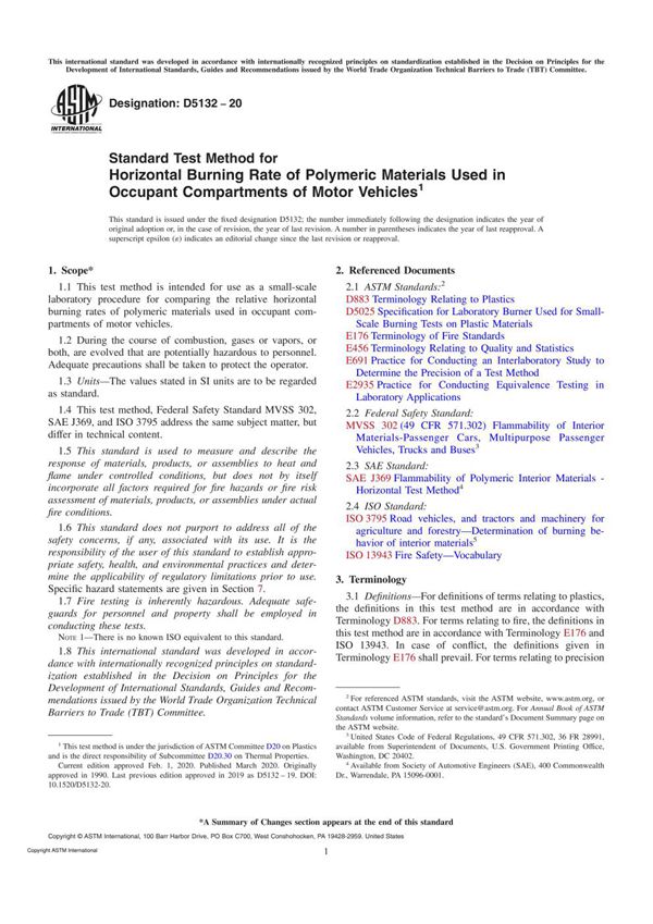 ASTM D5132-20 Standard Test Method for Horizontal Burning Rate of Polymeric Materials Used in Occu