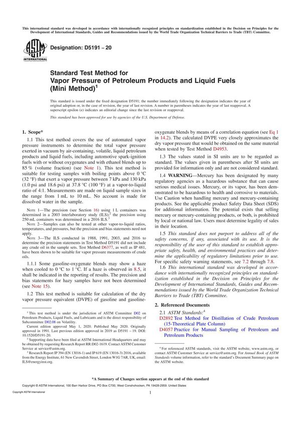 ASTM D5191-20 Standard Test Method for Vapor Pressure of Petroleum Products and Liquid Fuels (Mini