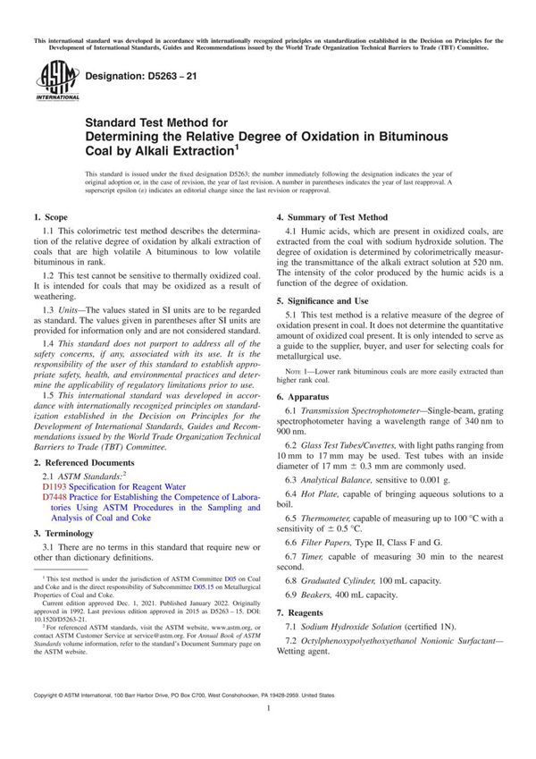 ASTM D5263-21 用碱萃取法测定烟煤中相对氧化度的标准试验方法