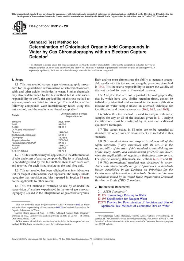 ASTM D5317-20 Standard Test Method for Determination of Chlorinated Organic Acid Compounds in Wate