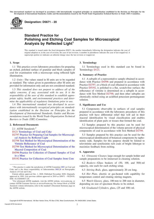 ASTM D5671-20 Standard Practice for Polishing and Etching Coal Samples for Microscopical Analysis
