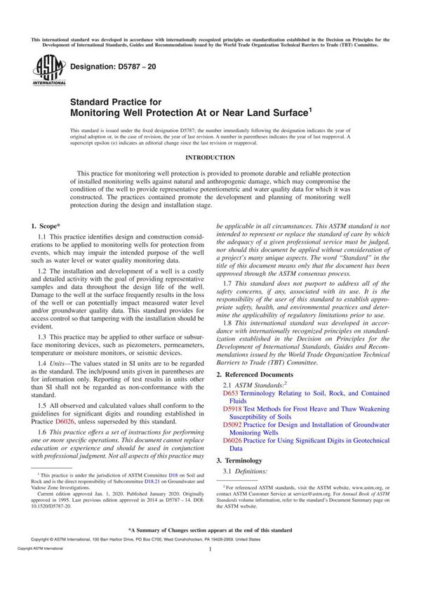 ASTM D5787-20 Standard Practice for Monitoring Well Protection At or Near Land Surface
