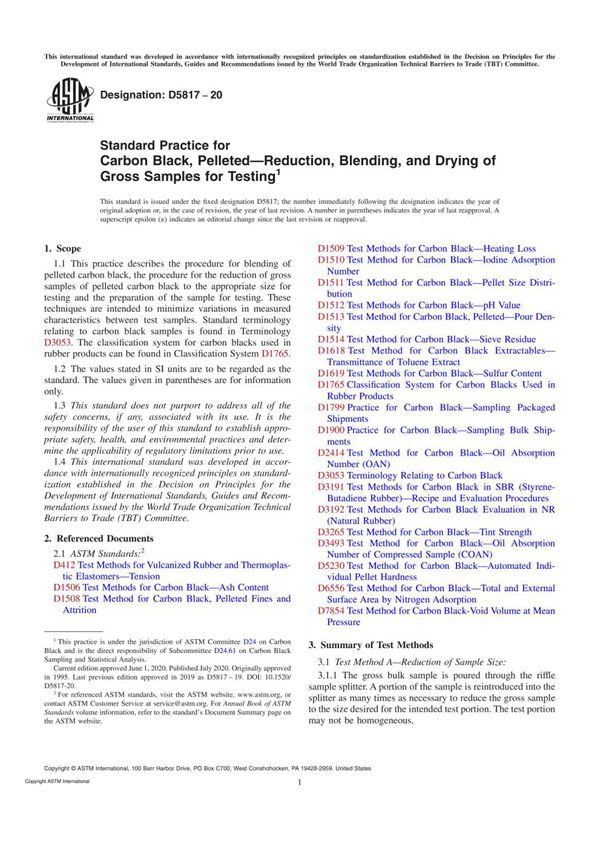 ASTM D5817-20 Standard Practice for Carbon Black, PelletedReduction, Blending, and Drying of Gro