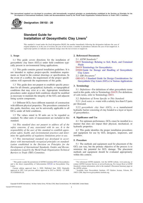 ASTM D6102-20 Standard Guide for Installation of Geosynthetic Clay Liners