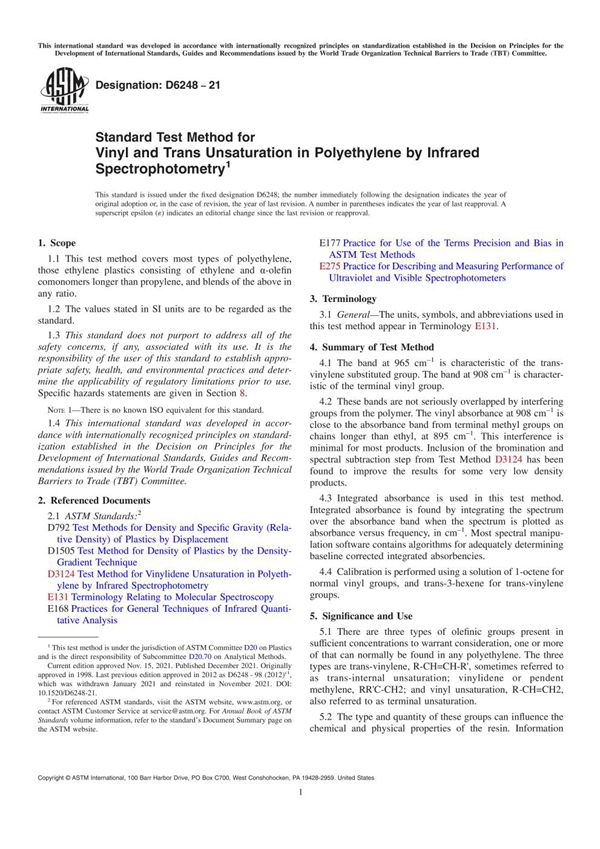 ASTM D6248-21 红外分光光度法测定聚乙烯中乙烯基和反式不饱和度的标准试验方法