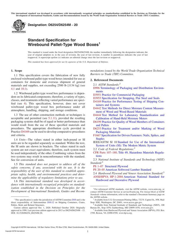 ASTM D6254 D6254M-20 Standard Specification for Wirebound Pallet-Type Wood Boxes