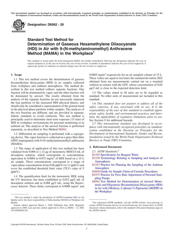 ASTM D6562-20 Standard Test Method for Determination of Gaseous Hexamethylene Diisocyanate (HDI) i