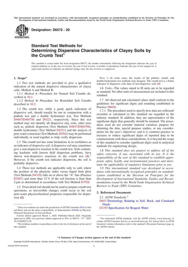 ASTM D6572-20 Standard Test Methods for Determining Dispersive Characteristics of Clayey Soils by