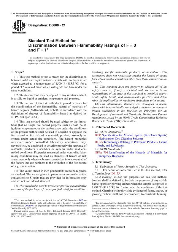 ASTM D6668-21 F可燃性等级之间区分的标准试验方法 F=0和F=1