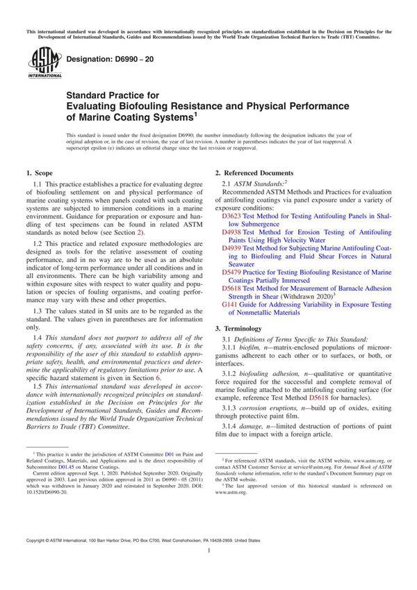 ASTM D6990-20 Standard Practice for Evaluating Biofouling Resistance and Physical Performance of M