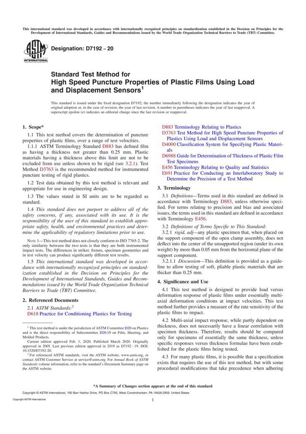 ASTM D7192-20 Standard Test Method for High Speed Puncture Properties of Plastic Films Using Load
