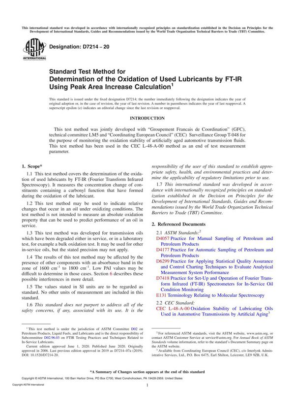 ASTM D7214-20 Standard Test Method for Determination of the Oxidation of Used Lubricants by FT-IR