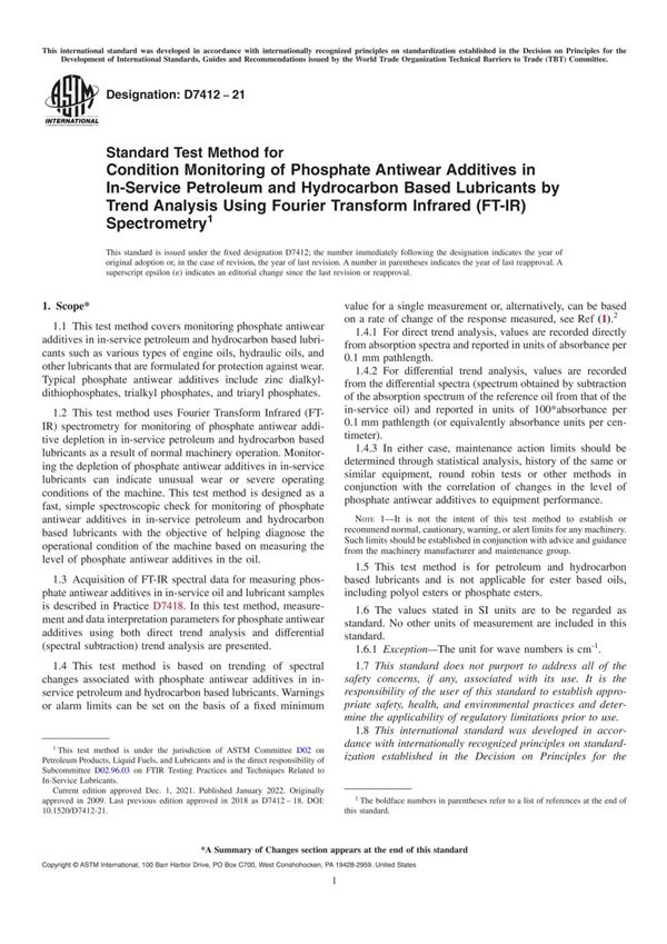 ASTM D7412-21 用傅里叶变换红外光谱法(FT-IR)趋势分析法监测在用石油和碳氢化合物基润滑剂中磷酸盐抗磨添加剂状态的标准试验方法