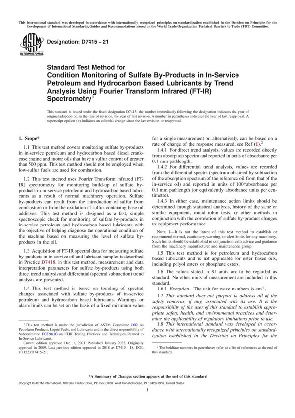 ASTM D7415-21 用傅里叶变换红外光谱法(FT-IR)趋势分析法对在用石油和碳氢化合物基润滑剂中硫酸盐副产品进行状态监测的标准试验方法