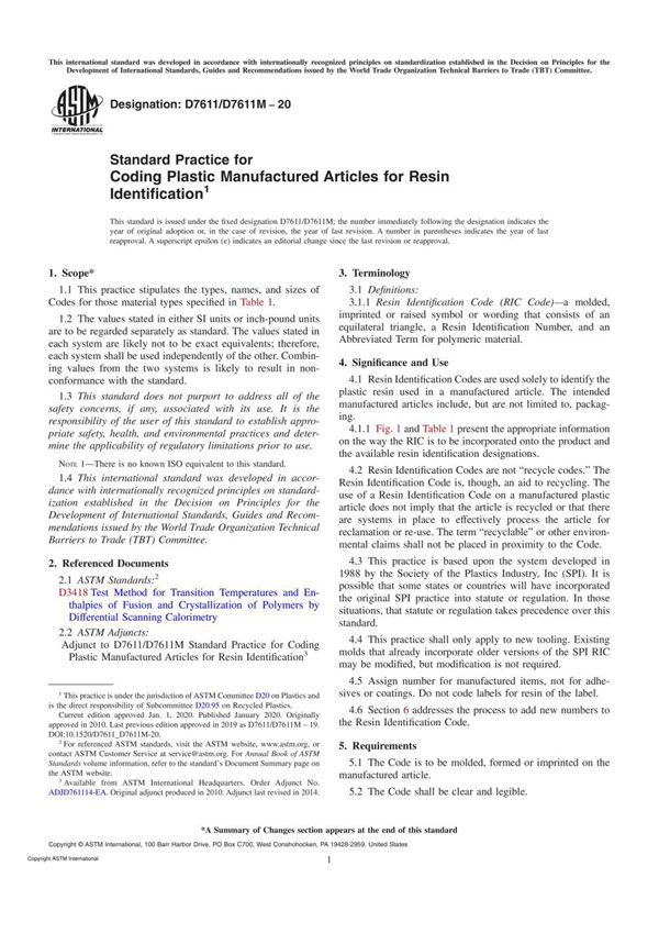 ASTM D7611 D7611M-20 Standard Practice for Coding Plastic Manufactured Articles for Resin Identifi