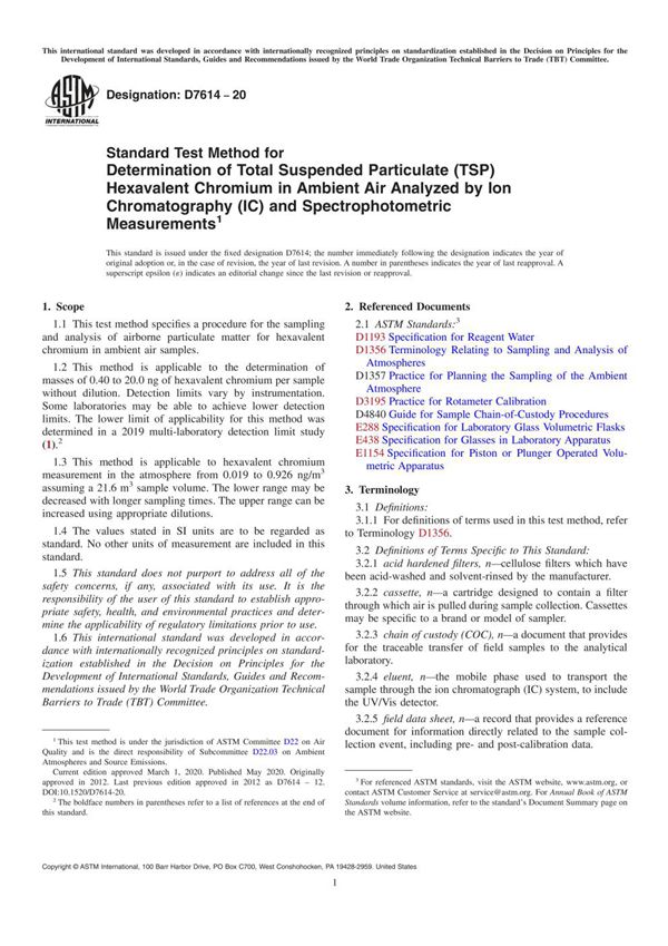 ASTM D7614-20 Standard Test Method for Determination of Total Suspended Particulate (TSP) Hexavale