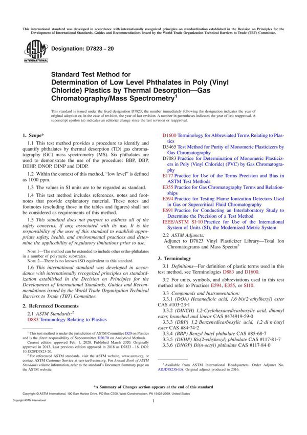 ASTM D7823-20 Standard Test Method for Determination of Low Level Phthalates in Poly (Vinyl Chlori