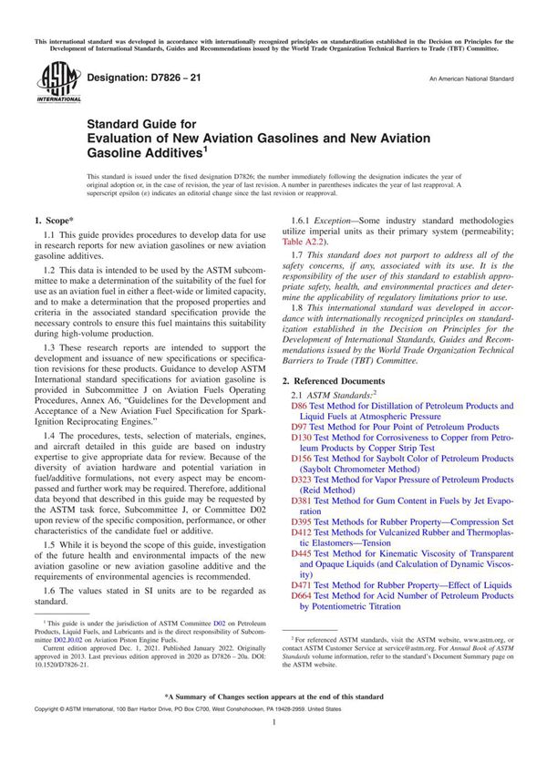 ASTM D7826-21 评定新型航空汽油和新型航空汽油添加剂的标准指南
