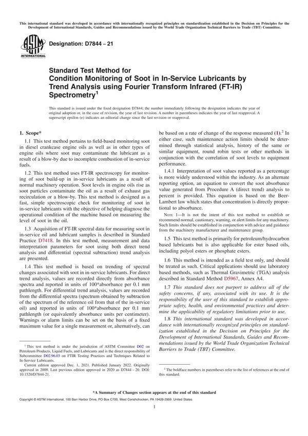 ASTM D7844-21 用傅里叶变换红外光谱法(FT-IR)趋势分析法对在用润滑剂中烟尘进行状态监测的标准试验方法