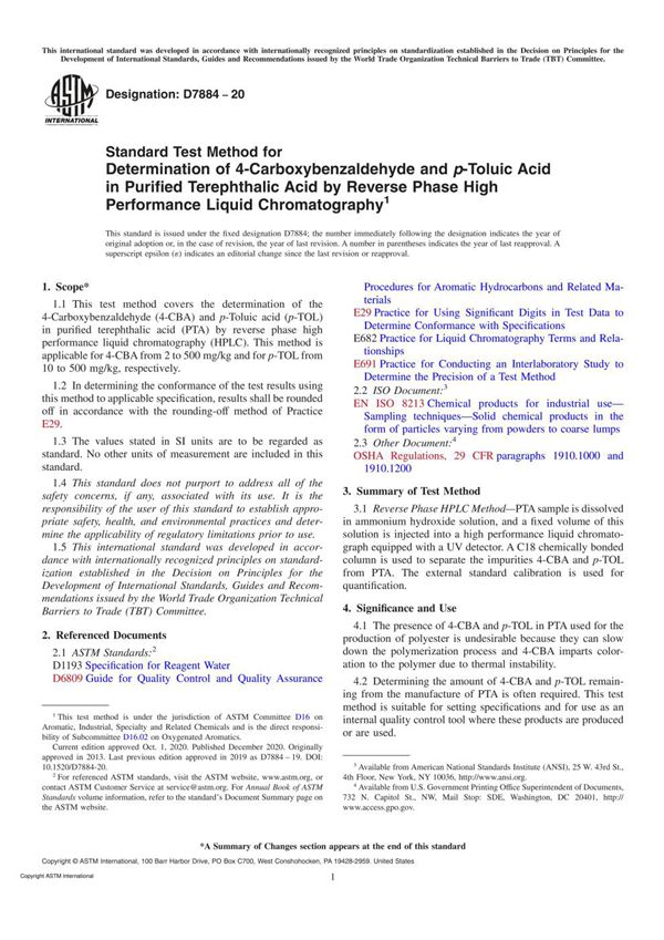 ASTM D7884-20 Standard Test Method for Determination of 4-Carboxybenzaldehyde and p-Toluic Acid in